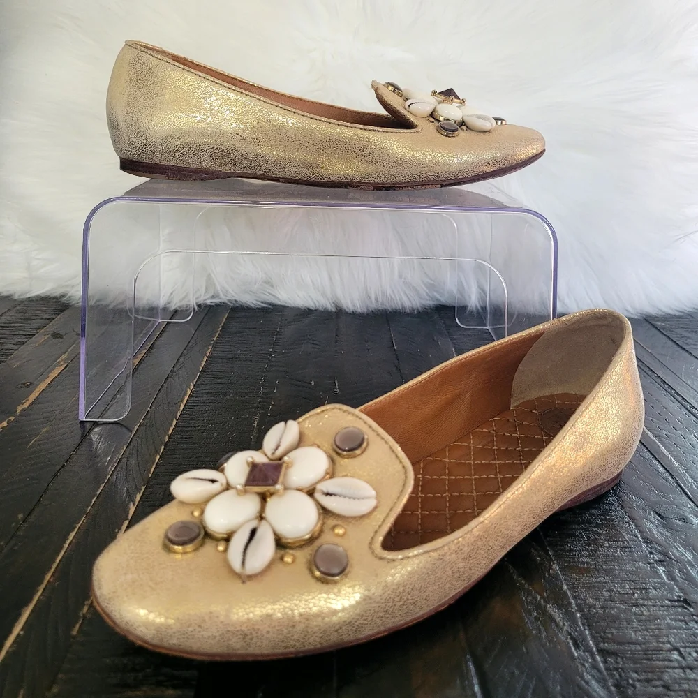 Tory Burch Leather Flats Gold Embellished Seashells Women's Size 6.5